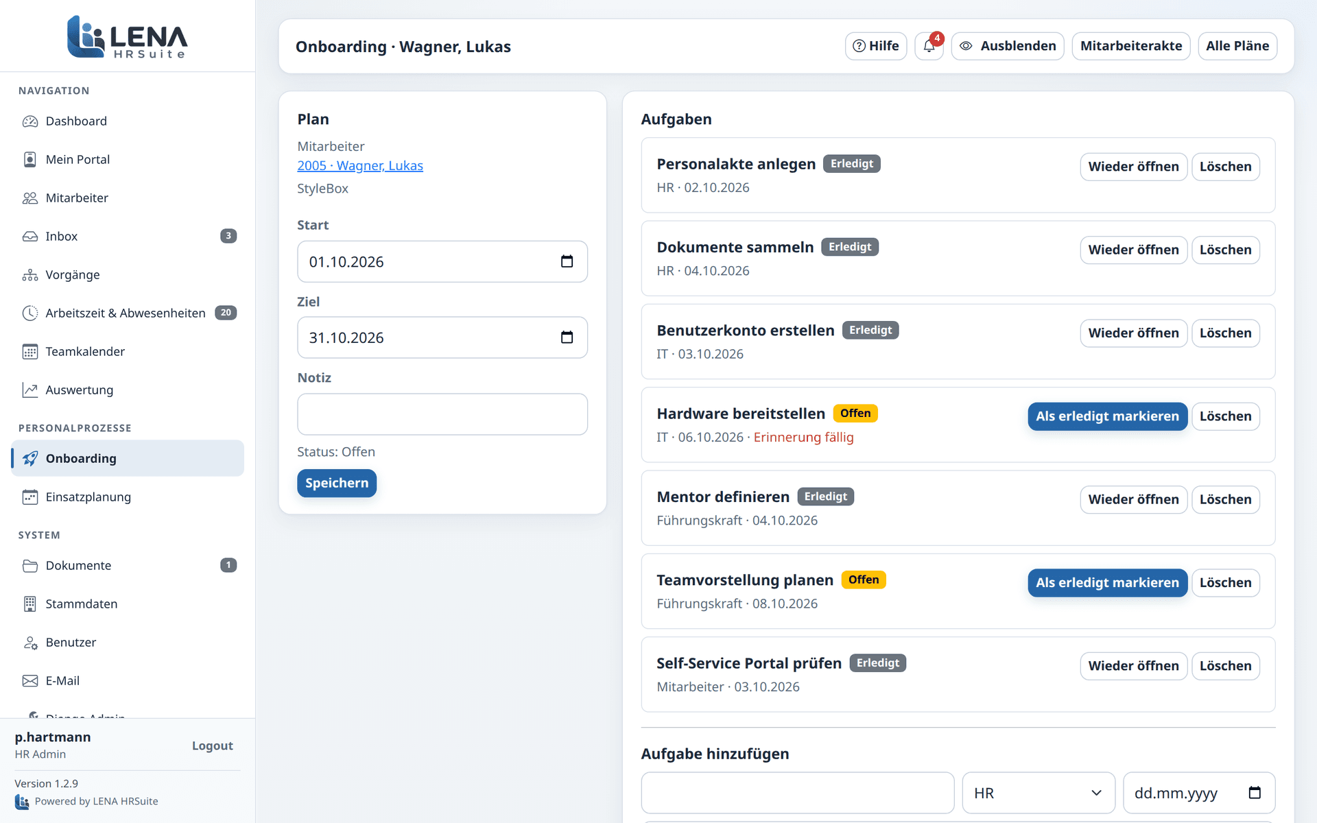LENA HRSuite Onboarding-Ansicht