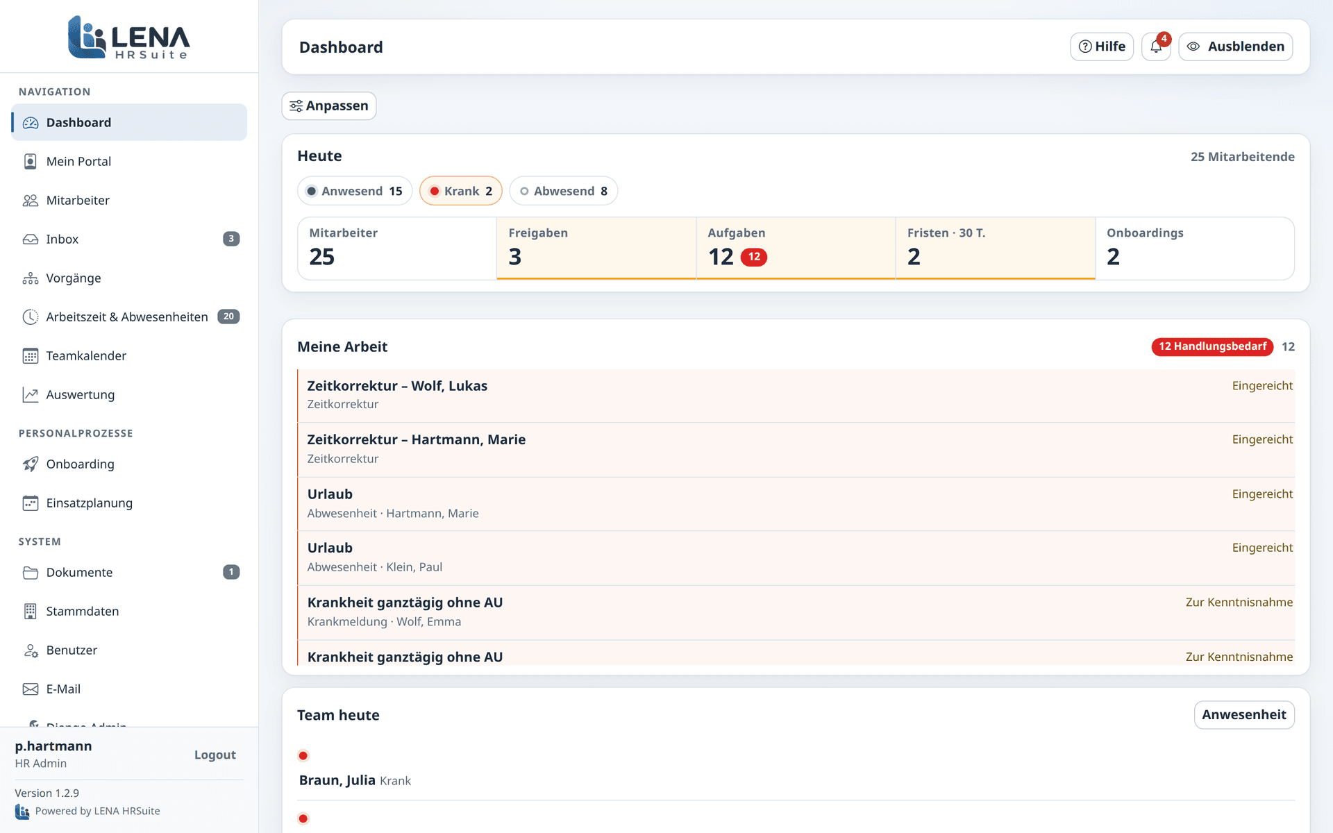 LENA HRSuite – Dashboard für Mitarbeiter, Freigaben, Onboardings und Aufgaben